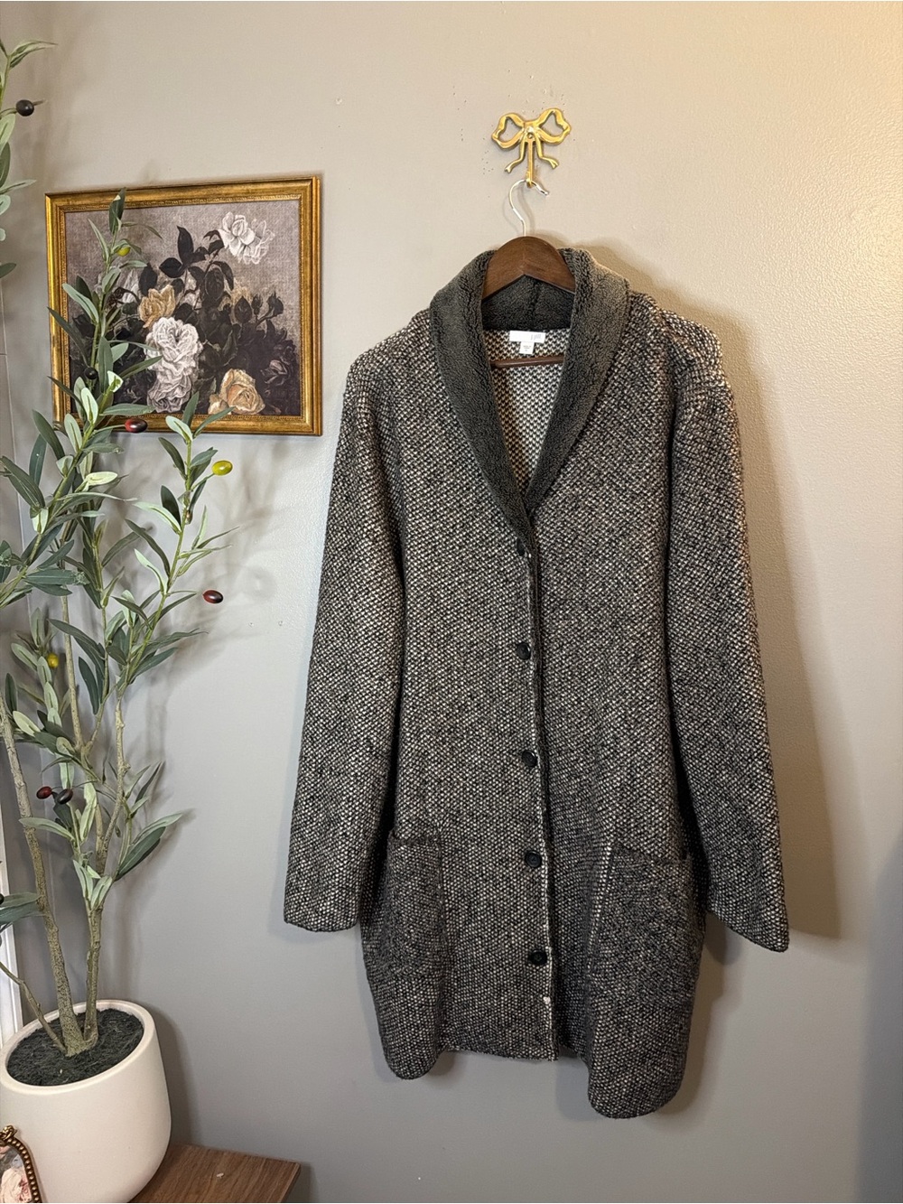 J. Jill XL Marled Knit Shawl Collar Cardigan Sweater Coat Gray Black Cozy - Picture 3 of 10
